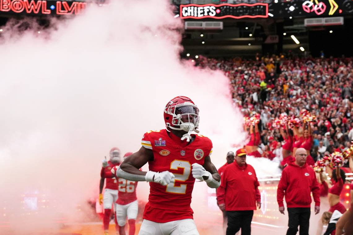 Kansas City Chiefs cornerback Joshua Williams (2) runs on the field before Super Bowl LVIII against the San Francisco 49ers at Allegiant Stadium on Feb. 11, 2024 in Paradise, Nevada.