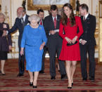 <p>Her Majesty and the duchess stood out in bold block colour dresses as they hosted a reception for the dramatic arts at Buckingham Palace <em>[Photo: PA]</em> </p>