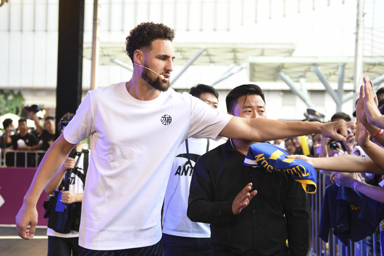 NANJING, CHINA - SEPTEMBER 08: NBA player Klay Thompson of the Golden State Warriors meets fans during an Anta promotional event on September 8, 2019 in Nanjing, Jiangsu Province of China. (Photo by Zheng Hongliang/VCG via Getty Images)