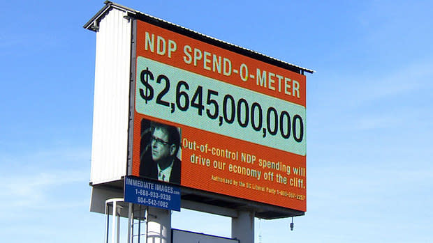 The B.C. Liberals' billboard claims the B.C. NDP promises add up to $3 billion, but is that really true?