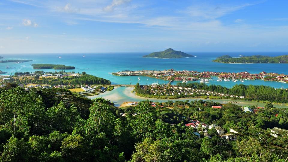 Aerial view on the coastline of the Seychelles Islands and luxury Eden Island from Victoria viewpoint, Mahe.