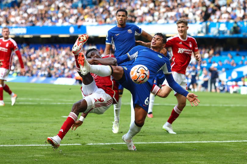 Chelsea and Nottingham Forest players battle for the ball earlier in the season