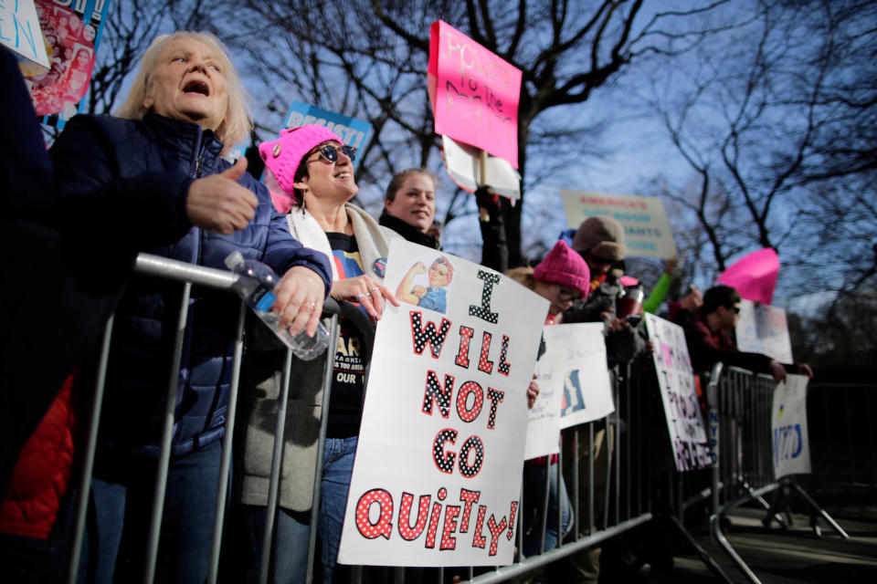 People take part in the Women's March in Manhattan in New York City.