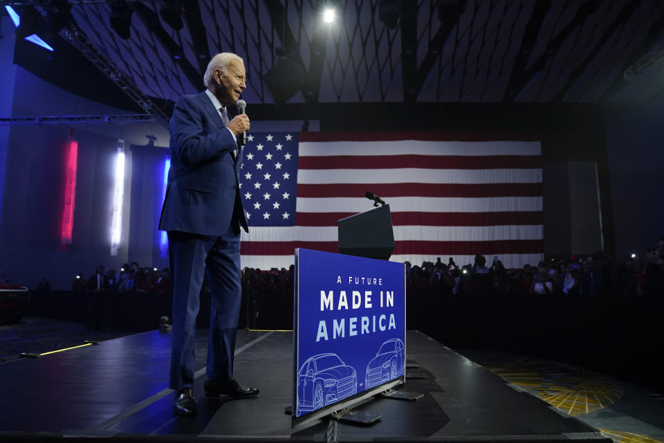 President Joe Biden speaks about electric vehicles during a visit to the Detroit Auto Show, Wednesday, Sept. 14, 2022, in Detroit. (AP Photo/Evan Vucci)