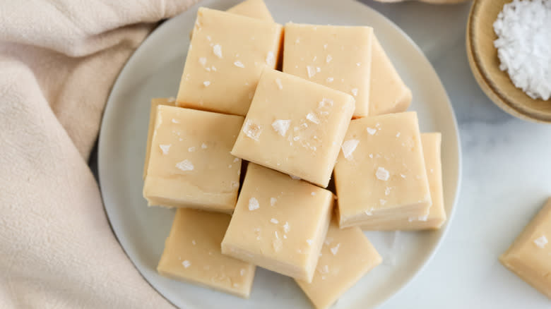 stacked caramel fudge on plate