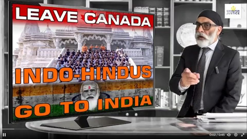 Secessionist Sikhs For Justice (SFJ) leader releases video after Canadian prime minister announced alleged involvement of Indian agents in killing of Sikh separatist leader (Screengrab/@Tushar_KN)