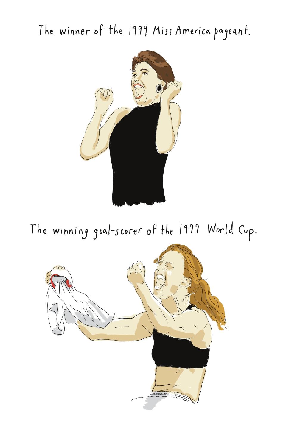 Author Kelcey Ervick said this illustration from "The Keeper: Soccer, Me, and the Law that Changed Women's Lives" was in response to a newspaper columnist who claimed that the 1999 Women’s World Cup was played more “like the talent competition in the Miss America pageant than … a sporting event."