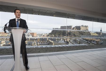 Britain's Chancellor of the Exchequer George Osborne delivers a speech on the forthcoming Scottish independence referendum in Edinburgh in Scotland February 13, 2014. REUTERS/James Glossop/Pool