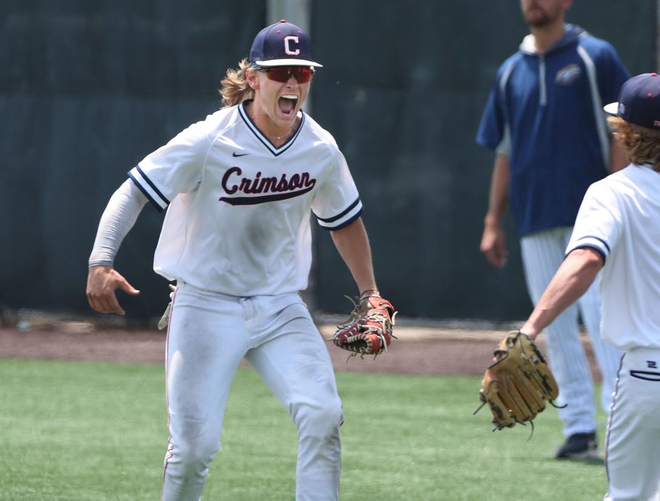 Crimson Cliffs’ Brexten Starley celebrates a win over Snow Canyon in the 4A state championship at UVU in Orem on Saturday, May 20, 2023. | Jeffrey D. Allred, Deseret News
