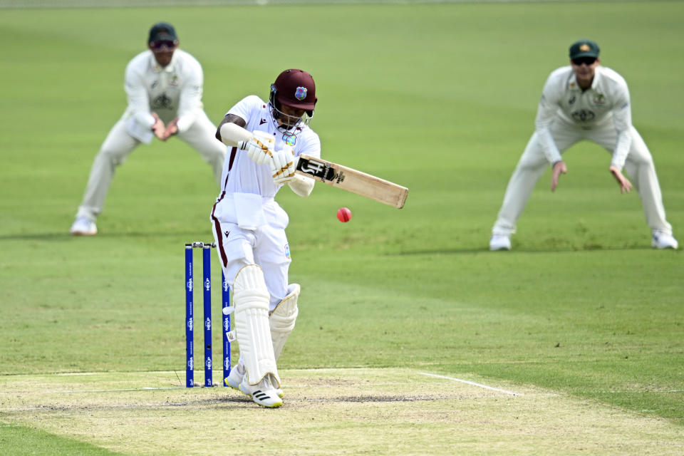 West Indies' Alick Athanaze bats against Australia on the third day of their cricket test match in Brisbane, Saturday, Jan. 27, 2024. (Darren England/AAP Image via AP)