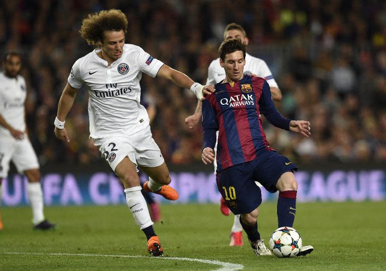 Barcelona's forward Lionel Messi (R) vies with Paris Saint-Germain's defender David Luiz (L) during the UEFA Champions League quarter-finals second leg football match in Barcelona on April 21, 2015