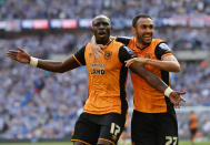 Britain Soccer Football - Hull City v Sheffield Wednesday - Sky Bet Football League Championship Play-Off Final - Wembley Stadium - 28/5/16 Mohamed Diame celebrates scoring the first goal for Hull City with Ahmed Elmohamady Action Images via Reuters / Tony O'Brien Livepic EDITORIAL USE ONLY. No use with unauthorized audio, video, data, fixture lists, club/league logos or "live" services. Online in-match use limited to 45 images, no video emulation. No use in betting, games or single club/league/player publications. Please contact your account representative for further details.