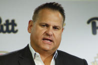 FILE - Former Pittsburgh and Chicago Bears offensive lineman Jim Covert speaks at a news conference for the retirement of his number 75 college jersey before an NCAA college football game between Pittsburgh and Notre Dame in Pittsburgh, in this Saturday, Nov. 7, 2015, file photo. Jimbo Covert made the people he played alongside look good, and after a nearly two-decades-long wait, the tough Chicago Bears left tackle will join them in the Pro Football Hall of Fame. (AP Photo/Keith Srakocic, File)