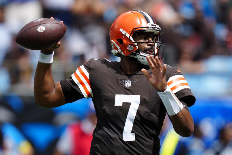 Cleveland Browns quarterback Jacoby Brissett passes against the Carolina Panthers during the first half of an NFL football game on Sunday, Sept. 11, 2022, in Charlotte, N.C. (AP Photo/Jacob Kupferman)