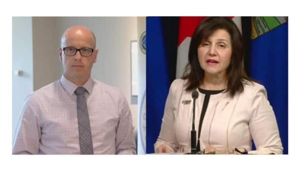 ATA president Jason Schilling, left, said there is nothing in place that will guarantee transparency when it comes to new Alberta Education parent and teacher advisory councils. A spokesperson for Alberta Education Minister Adriana LaGrange said the initiatives are intended to provide input on key issues. (Jordan Mesiatowsky and Scott Neufeld/CBC - image credit)