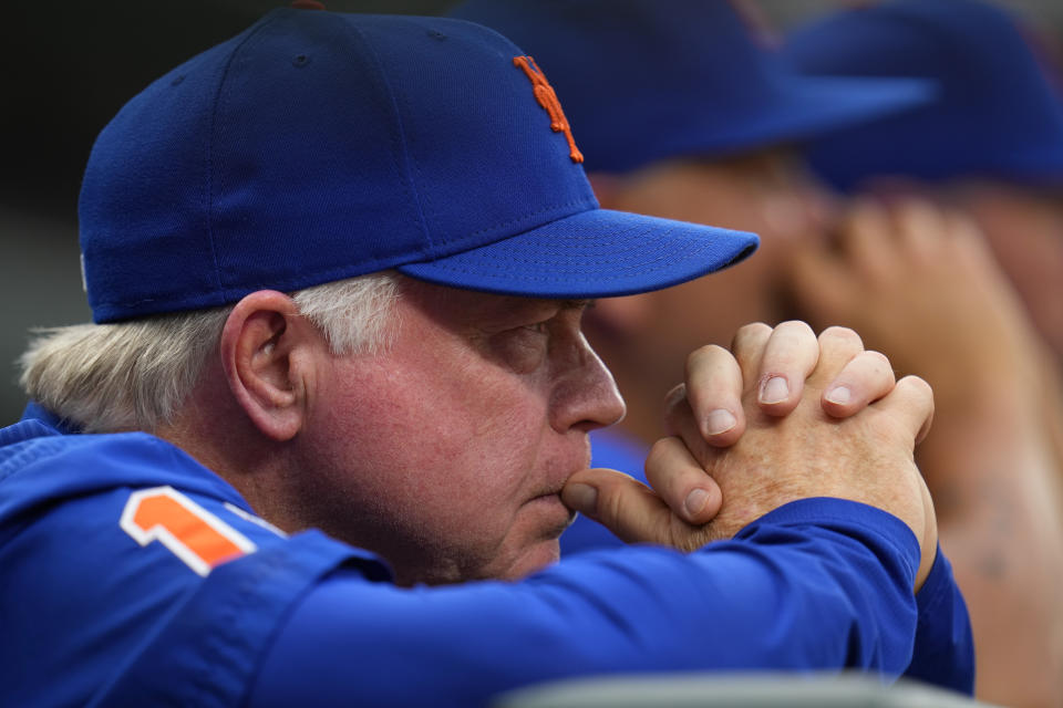 New York Mets manager Buck Showalter looks on from the dugout in the first inning of a baseball game against the Baltimore Orioles, Saturday, Aug. 5, 2023, in Baltimore. (AP Photo/Julio Cortez)