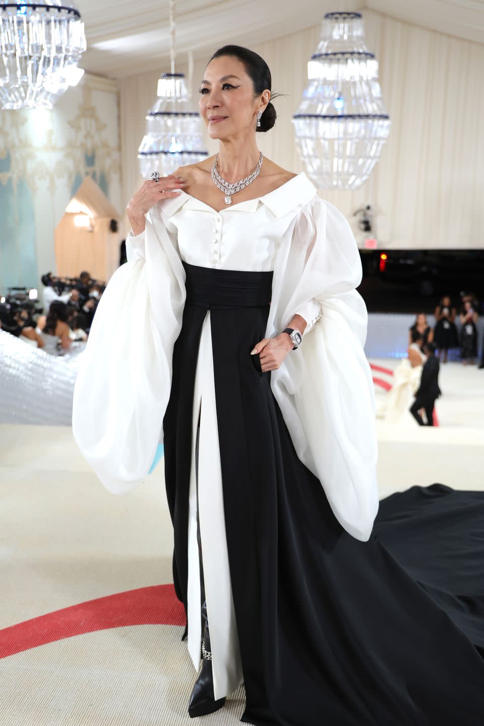 michelle yeoh in a black and white gown by karl lagerfeld at the met gala 2023