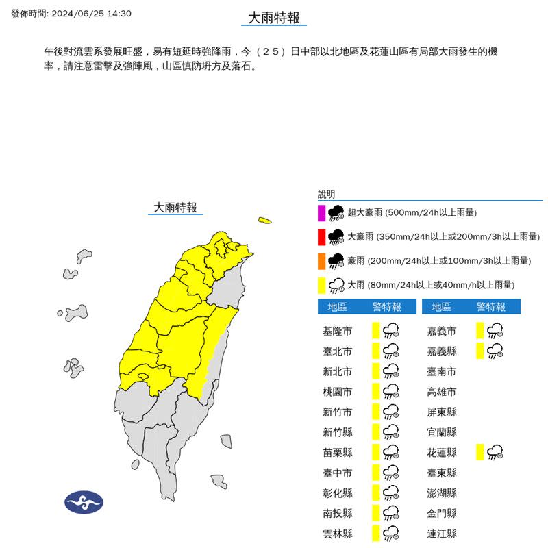 氣象署針對基隆市、台北市、新北市等14縣市發布大雨特報。（圖／氣象署）