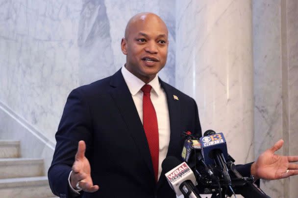PHOTO: Maryland Gov. Wes Moore talks to reporters during a media availability, April 27, 2023 in Annapolis, Md. (Brian Witte/AP)