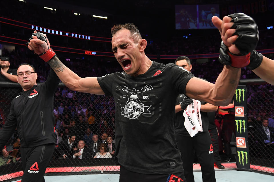 LAS VEGAS, NV - OCTOBER 06:  Tony Ferguson celebrates his victory in the octagon in his lightweight bout during the UFC 229 event inside T-Mobile Arena on October 6, 2018 in Las Vegas, Nevada.  (Photo by Josh Hedges/Zuffa LLC/Zuffa LLC)