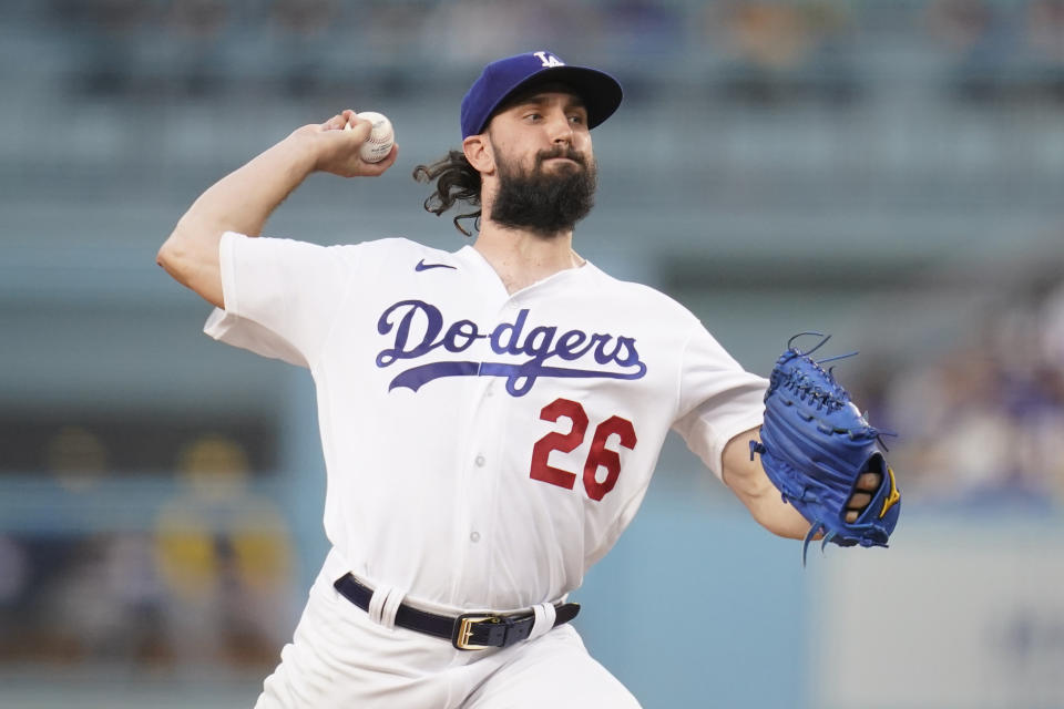 Los Angeles Dodgers starting pitcher Tony Gonsolin (26) throws during the first inning of a baseball game against the Milwaukee Brewers in Los Angeles, Tuesday, Aug. 23, 2022. (AP Photo/Ashley Landis)