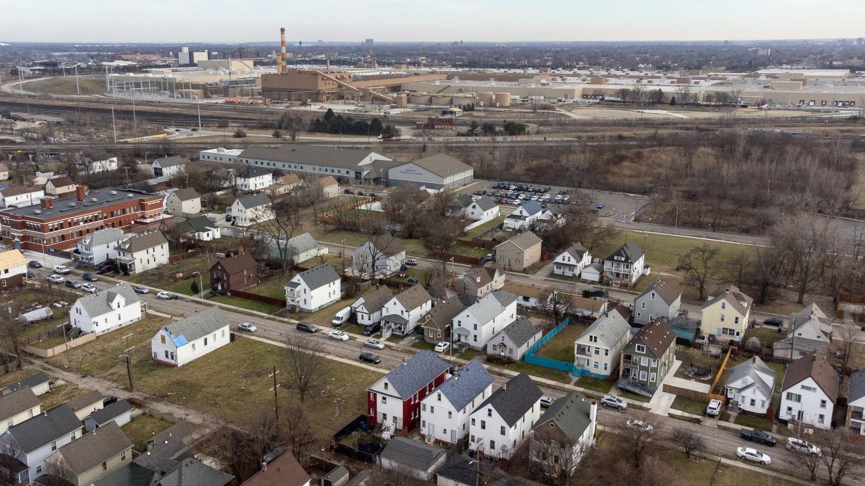 Aerial photo of the south side of Hamtramck neighborhoods with General Motors Factory Zero plant in Detroit on Wednesday, Feb.7, 2024.