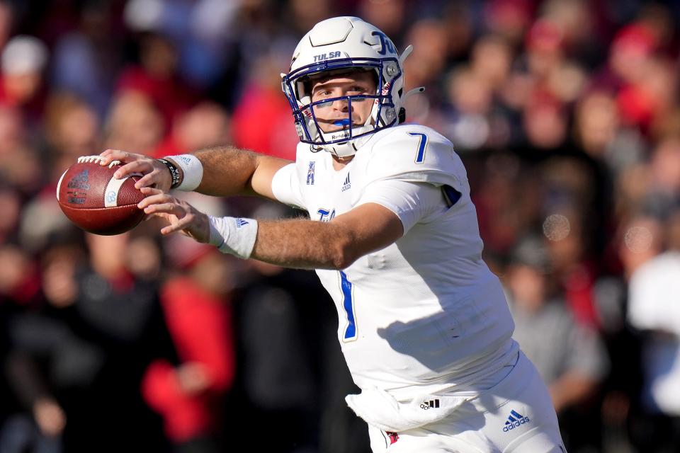 Tulsa quarterback Davis Brin (7) ranks fourth in the FBS in passing offense (358.5) and first in passing yards per completion (15.8) in the country in 2022.