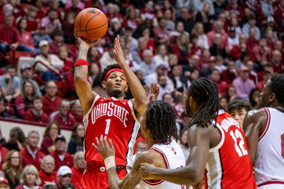 Ohio State guard Roddy Gayle Jr. (1) shoots during an NCAA college basketball game against Indiana, Saturday, Jan. 6, 2024, in Bloomington, Ind. (AP Photo/Doug McSchooler)