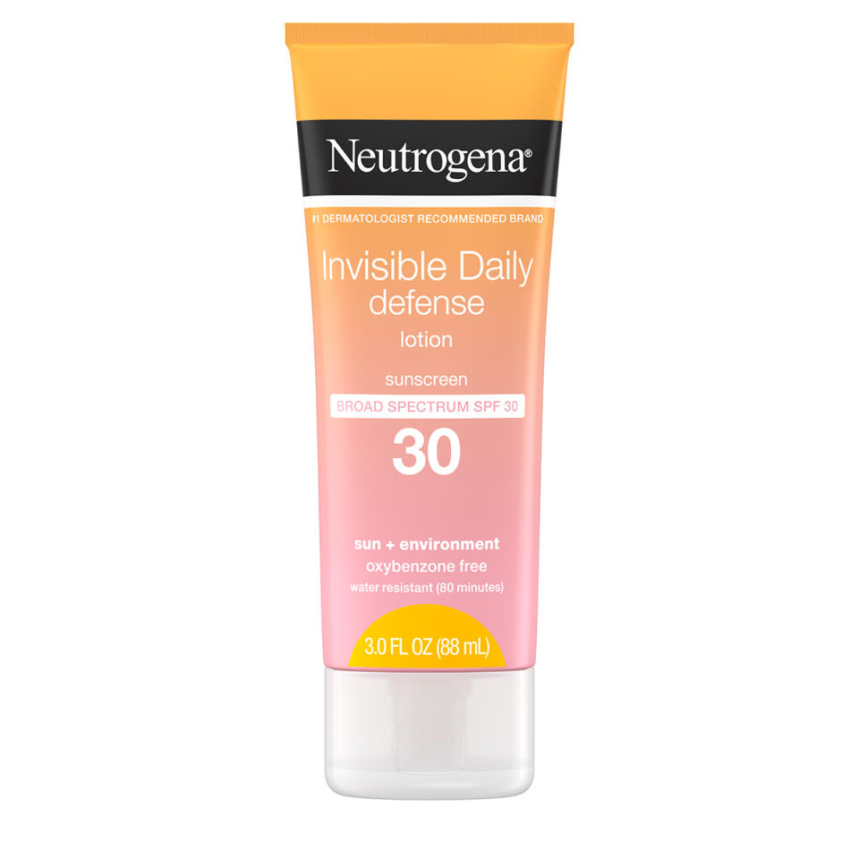 <p>The lightweight formula absorbs quickly and is sweat-resistant.</p> <p><strong>Buy It!</strong> Neutrogena Invisible Daily Defense SPF 30, $17.50; <a href="https://www.neutrogena.com/products/sun/invisible-daily-defense-sunscreen-lotion-spf-30/6811158.html" rel="sponsored noopener" target="_blank" data-ylk="slk:neutrogena.com;elm:context_link;itc:0;sec:content-canvas" class="link ">neutrogena.com</a></p>