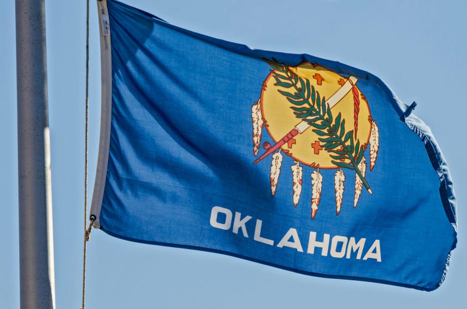 The Oklahoma State flag is seen waving in Oklahoma City.