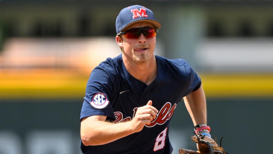 Ole Miss's Justin Bench during an NCAA baseball game on Sunday, June 5, 2022 in Coral Gables, Fla. (AP Photo/Doug Murray)