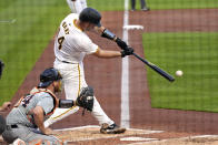 Pittsburgh Pirates' Joey Bart singles off Detroit Tigers starting pitcher Reese Olson, driven in two runs during the second inning of a baseball game in Pittsburgh, Monday, April 8, 2024. (AP Photo/Gene J. Puskar)