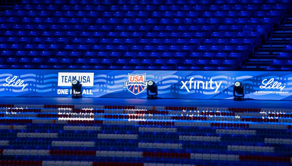 A look at the pool inside Lucas Oil Stadium, which is hosting the U.S. Olympic Team Trials for USA Swimming. It is the first Olympic-size pool to be built inside an NFL Stadium.