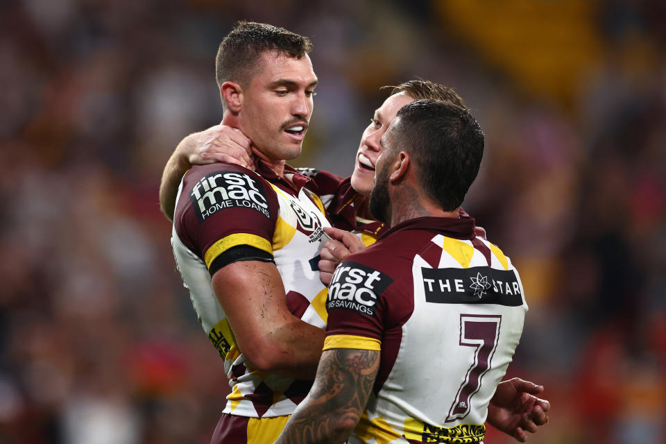 BRISBANE, AUSTRALIA - MARCH 29: Corey Oates of the Broncos celebrates a tryduring the round four NRL match between Brisbane Broncos and North Queensland Cowboys at Suncorp Stadium, on March 29, 2024, in Brisbane, Australia. (Photo by Chris Hyde/Getty Images)