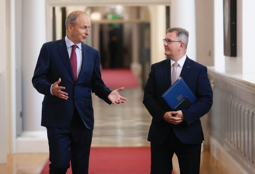 DUP leader Sir Jeffrey Donaldson (right) meeting Taoiseach Michael Martin at Government Buildings, Dublin (Julien Behal/PA) (PA Media)