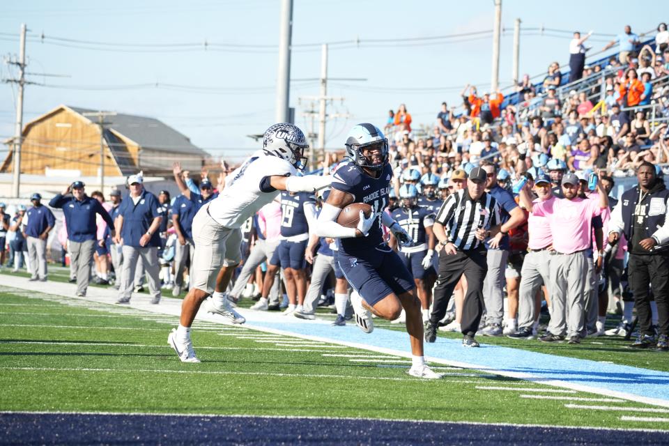 URI wide receiver Darius Savedge makes a catch during Saturday's game against New Hampshire.