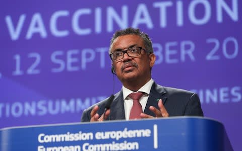 Director-General of the World Health Organization (WHO) Tedros Adhanom Ghebreyesus speaks during a press conference on occasion of the Global Vaccination Summit in Brussels,  - Credit: Xinhua&nbsp;