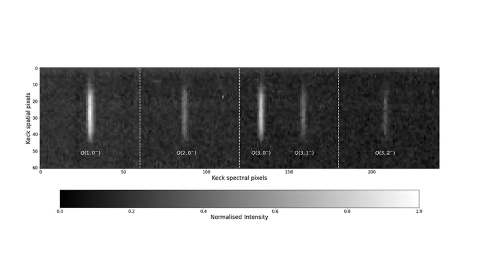 black and white diagram showing faint streaks of light against a dark background.