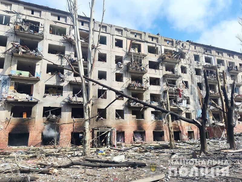 Rocket strike aftermath at apartment block in Kramatorsk