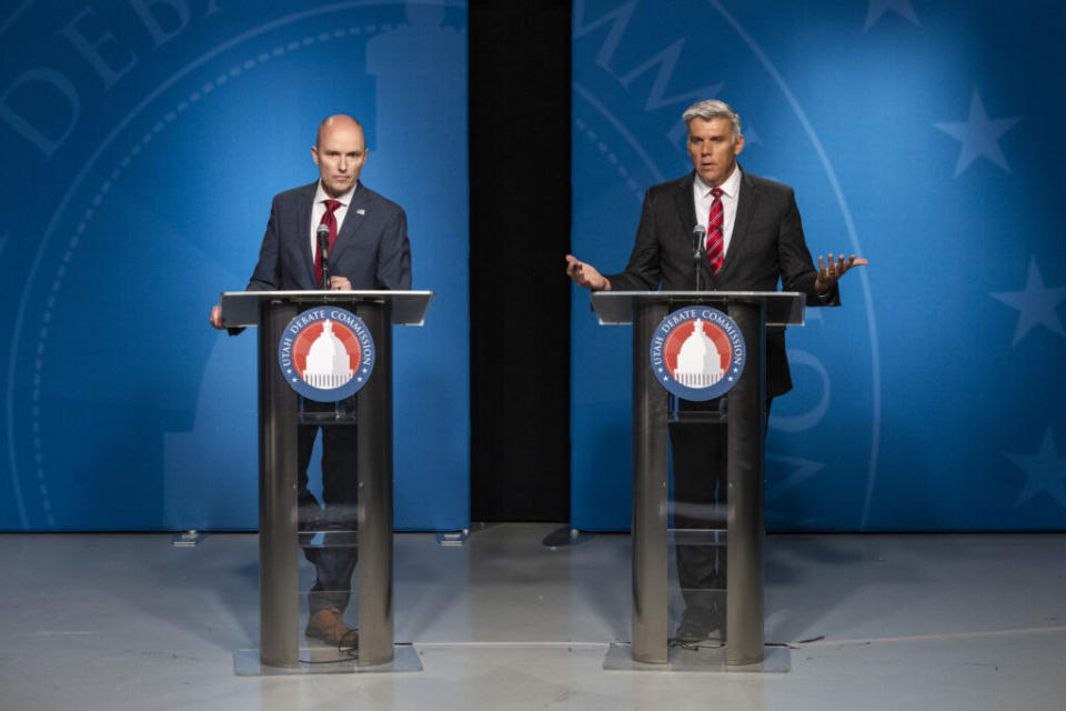  Utah Rep. Phil Lyman speaks as he debates with incumbent Gov. Spencer Cox during Utah’s gubernatorial GOP primary debate held at the Eccles Broadcast Center in Salt Lake City on Tuesday, June 11, 2024. (Pool photo by Isaac Hale/Deseret News)