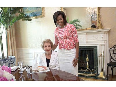 Michelle Obama wore a Gap cardigan and t-shirt to a luncheon with Nancy Reagan in 2009. Photo courtesy of The White House.