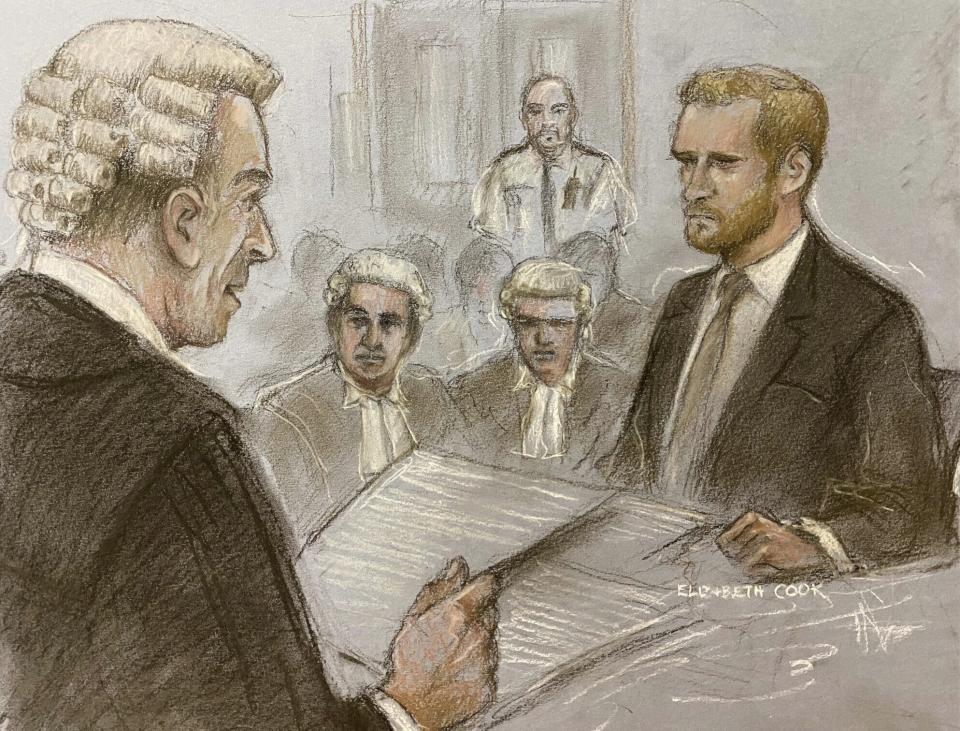 A court artist sketch by Elizabeth Cook of Britain's Prince Harry being being cross examined by Andrew Green KC, as he gives evidence at the Rolls Buildings in central London, Wednesday, June 7, 2023. Prince Harry has given evidence from the witness box and has sworn to tell the truth in testimony against a tabloid publisher he accuses of phone hacking and other unlawful snooping. He alleges that journalists at the Daily Mirror and its sister papers used unlawful techniques on an "industrial scale" to get scoops. Publisher Mirror Group Newspapers is contesting the claims. (Elizabeth Cook/PA via AP)