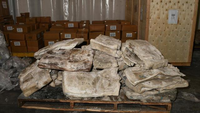 Authorities unearthed 668kg of the drug ice hidden inside raw animal skins in a shipping container. Picture: AFP