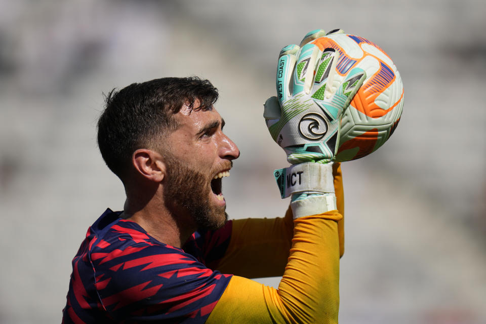 FILE - U.S. goalkeeper Matt Turner warms up before the United States faces Panama in a CONCACAF Gold Cup semifinal soccer match Wednesday, July 12, 2023, in San Diego. United States goalkeeper Matt Turner has joined Nottingham Forest from Arsenal for a reported 10 million pounds ($12.75 million) it was announced on Wednesday, Aug. 9, 2023. (AP Photo/Gregory Bull, File)