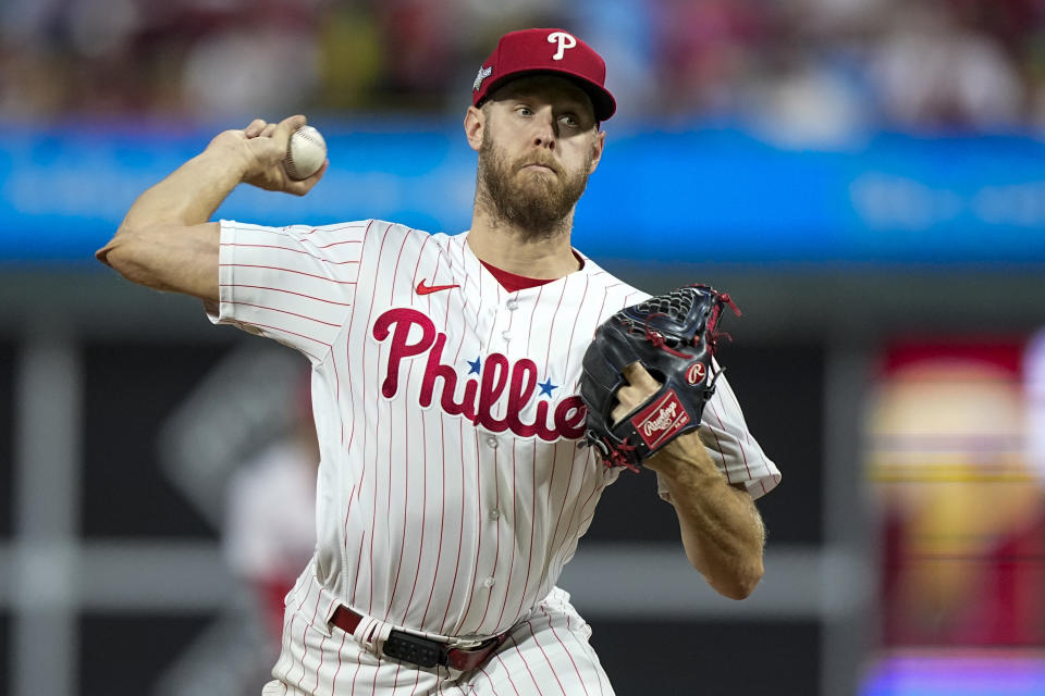 Philadelphia Phillies starting pitcher Zack Wheeler works during the fifth inning in Game 1 of the baseball NL Championship Series in Philadelphia, Monday, Oct. 16, 2023. (AP Photo/Brynn Anderson)