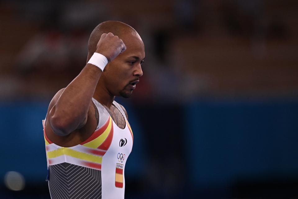 Spain's Rayderley Zapata competes in the floor event of the artistic gymnastics men's floor exercise final during the Tokyo 2020 Olympic Games at the Ariake Gymnastics Centre in Tokyo on August 1, 2021. (Photo by Lionel BONAVENTURE / AFP) (Photo by LIONEL BONAVENTURE/AFP via Getty Images)