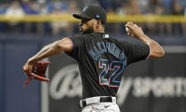 Miami Marlins starter Sandy Alcantara pitches against the Tampa Bay Rays during the first inning of a baseball game Saturday, Sept. 25, 2021, in St. Petersburg, Fla. (AP Photo/Steve Nesius)