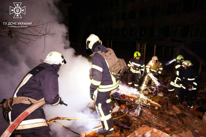 An apartment building damaged at night by Russian missile strike is seen, amid Russia’s attack on Ukraine, in Kharkiv, Ukraine (Reuters)