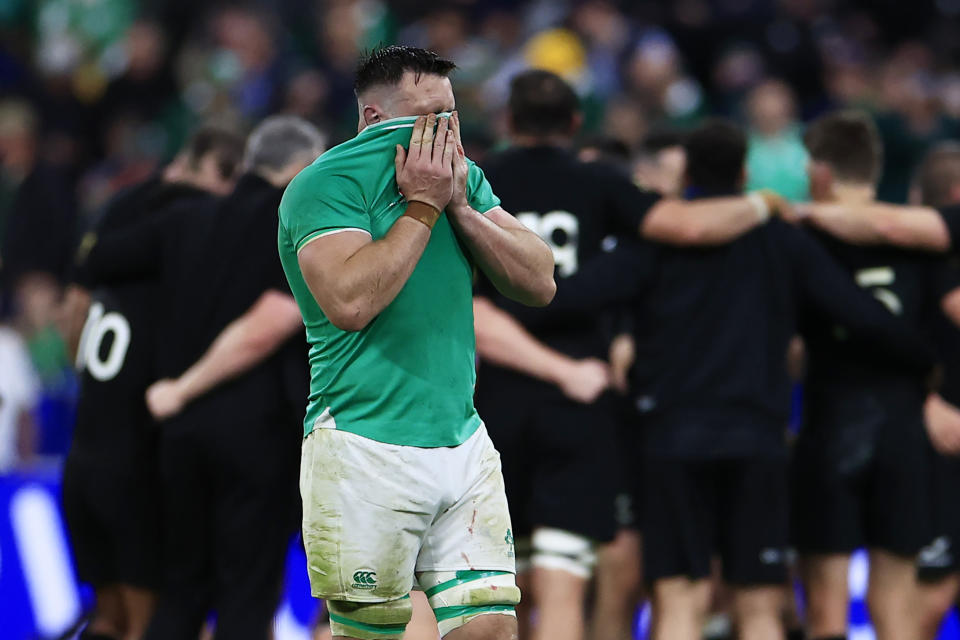 Ireland's Jack Conan reacts after the Rugby World Cup quarterfinal match between Ireland and New Zealand at the Stade de France in Saint-Denis, near Paris, Saturday, Oct. 14, 2023. (AP Photo/Aurelien Morissard)