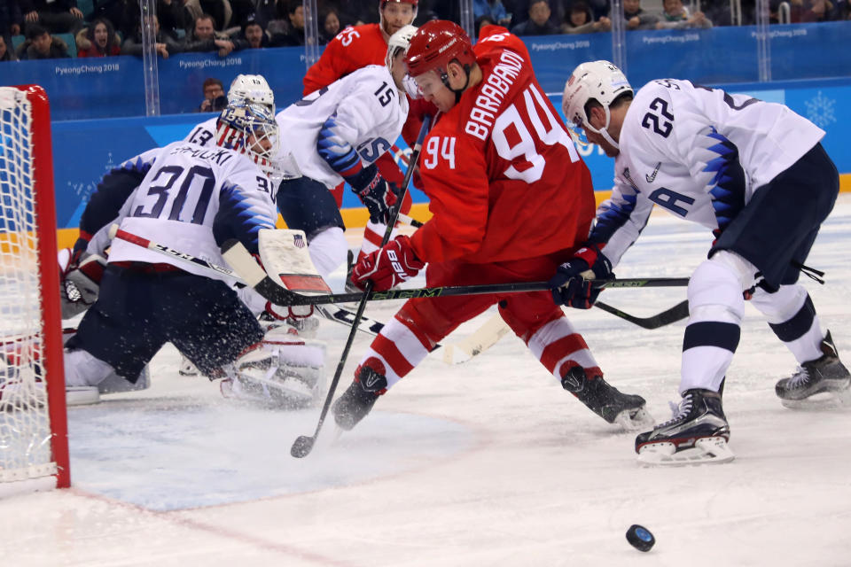 Alexander Barabanov #94 of Olympic Athlete from Russia looks back for the puck during the Men’s Ice Hockey Preliminary Round Group B game against the United States on day eight of the PyeongChang 2018 Winter Olympic Games at Gangneung Hockey Centre on February 17, 2018 in Gangneung, South Korea. (Photo by Bruce Bennett/Getty Images)